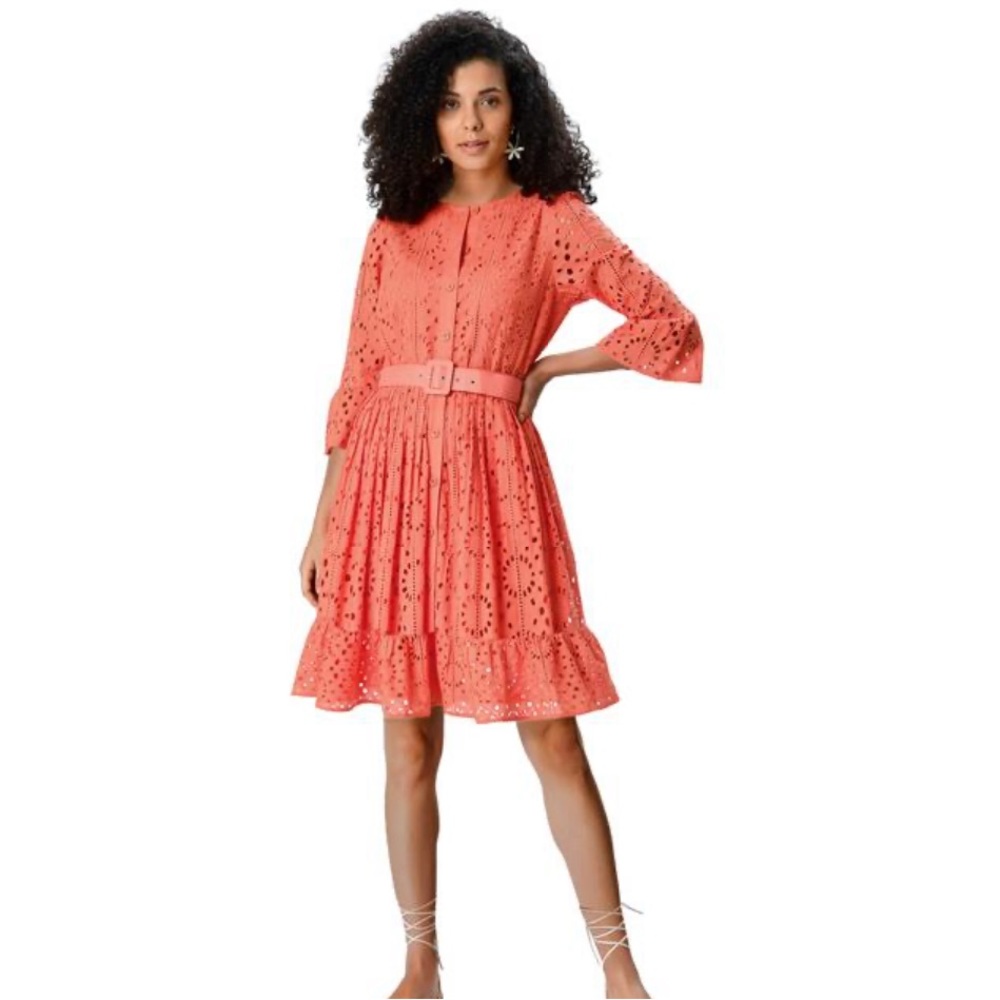 eshakti Coral Eyelet Belted Fit-and-Flare Dress